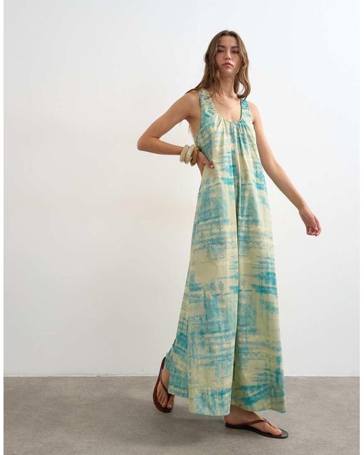 TOPSHOP Green Cotton Poplin Ruched Neck Maxi Sundress