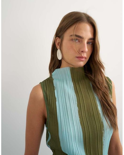 TOPSHOP Blue Stripe Plisse Grown On Neck Tank