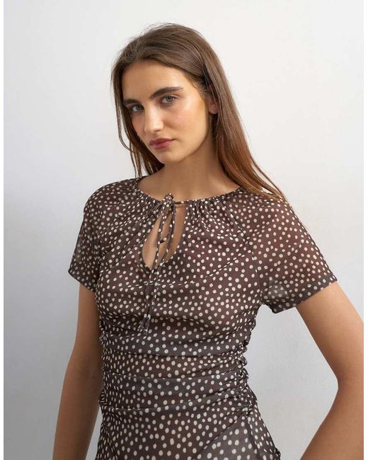 TOPSHOP Brown Polka Dot Mesh Key Hole Detail Short Sleeve Top
