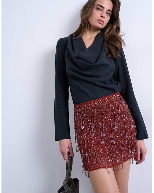 TOPSHOP Red Sequin Mini Skirt