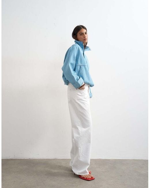 TOPSHOP White Denim Funnel Neck Bubble Hem Top