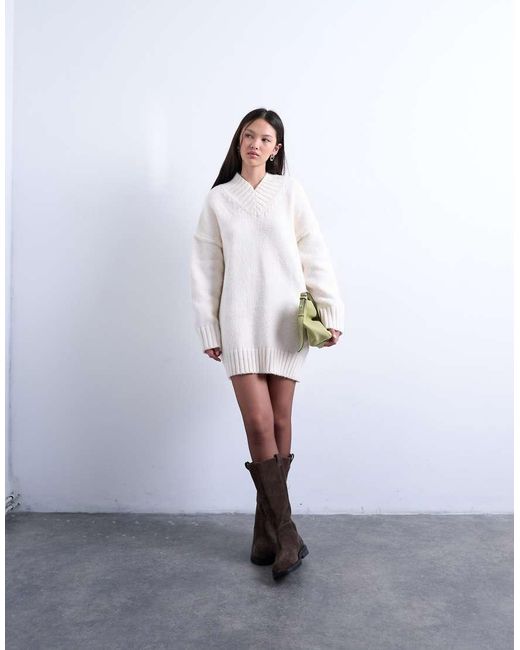 TOPSHOP White Knitted High V-neck Mini Oversized Jumper Dress