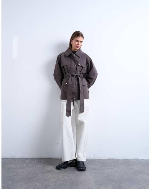 TOPSHOP Brown 4 Pocket Cotton Shacket With Quilted Lining