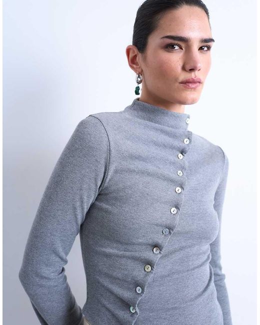 TOPSHOP Blue High Neck Ruffle Button Long Sleeve Top