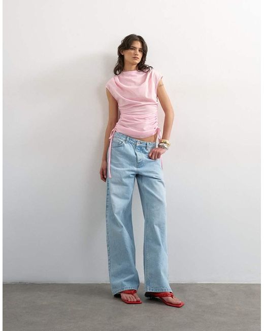 TOPSHOP Pink Ruched Side Cap Sleeve Top