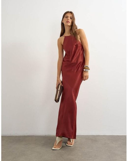 TOPSHOP Red Satin Bias Halter Neck Open Scoop Back Maxi Dress