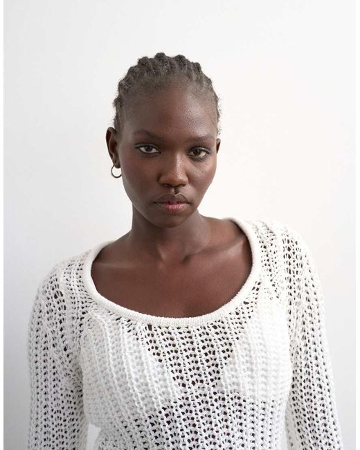 TOPSHOP White Knit Open Stitch Long Sleeve Top