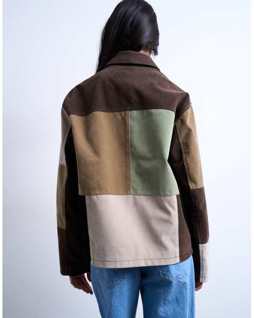 TOPSHOP Brown Boxy Faux Suede Patchwork Zip Up Jacket