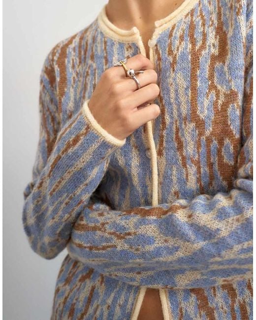 TOPSHOP Blue Knitted Brushed Animal Cardigan With Wool And Mohair