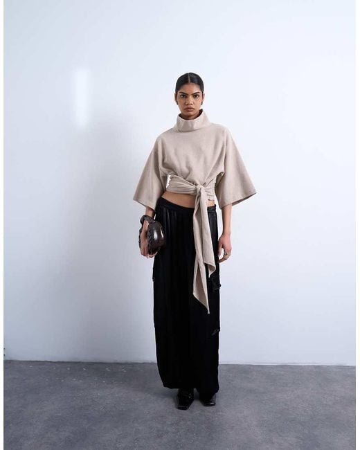 TOPSHOP Gray Soft Touch Funnel Neck Tie Waist Detail Top