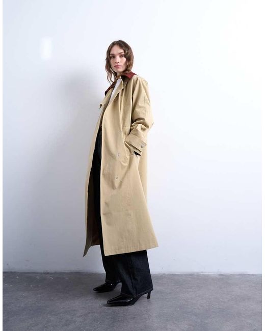 TOPSHOP White Longline Oversized Funnel Trench Coat With Contrast Collar And Buckle Detail
