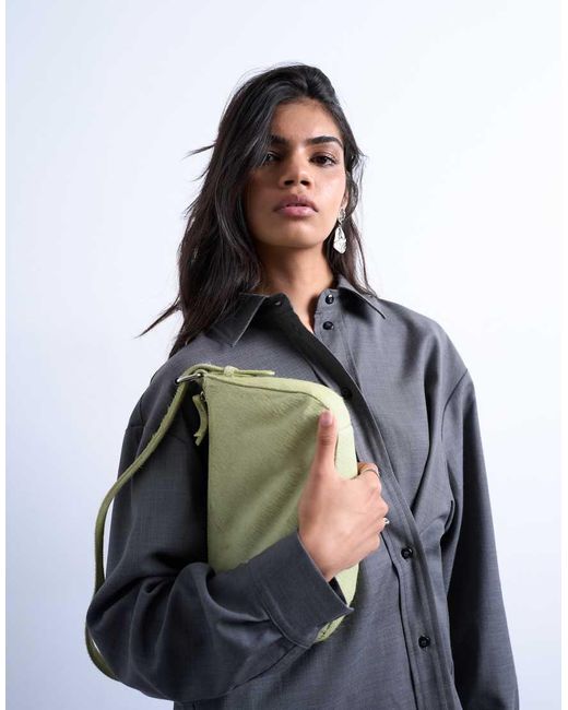 TOPSHOP Green Stina Small Hair On Real Leather Shoulder Bag