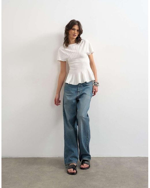 TOPSHOP White Knitted Grown On Short Sleeve Peplum Top