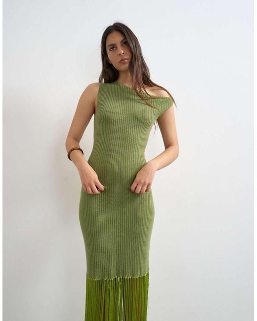 TOPSHOP Green Knitted Ribbed Tassel Maxi Dress