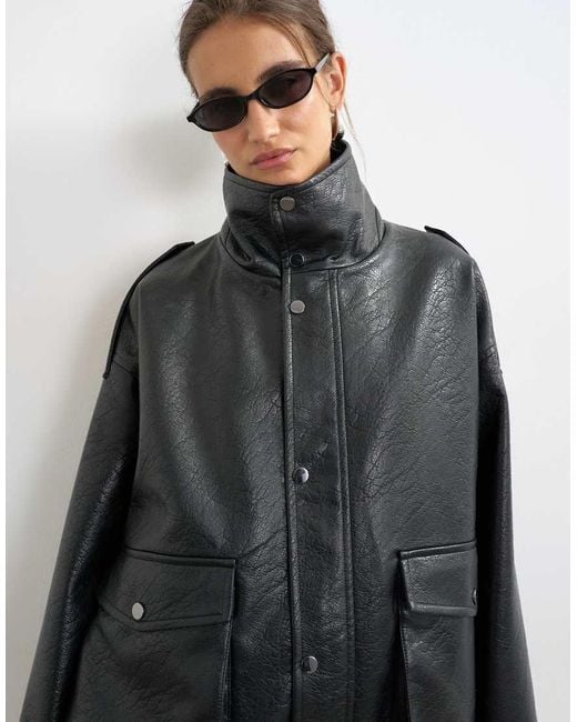 TOPSHOP Gray Faux Leather Funnel Neck Drawstring Bomber Jacket