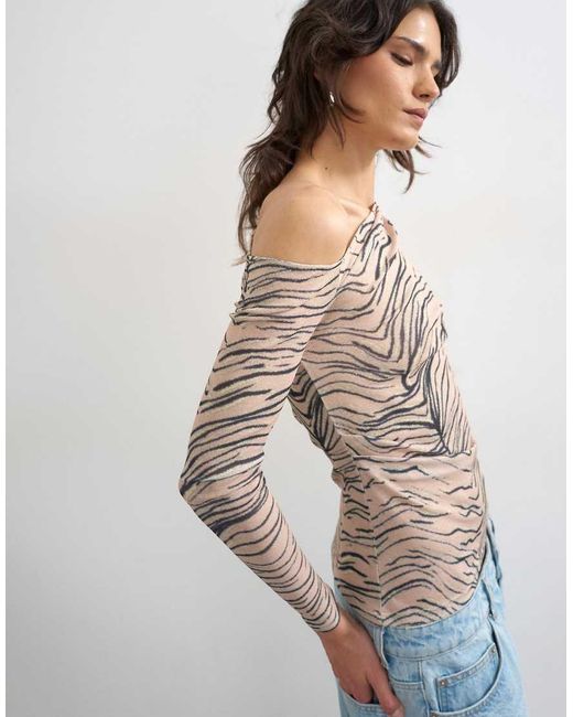 TOPSHOP Multicolor Mesh Fallen Shoulder Long Sleeve Top