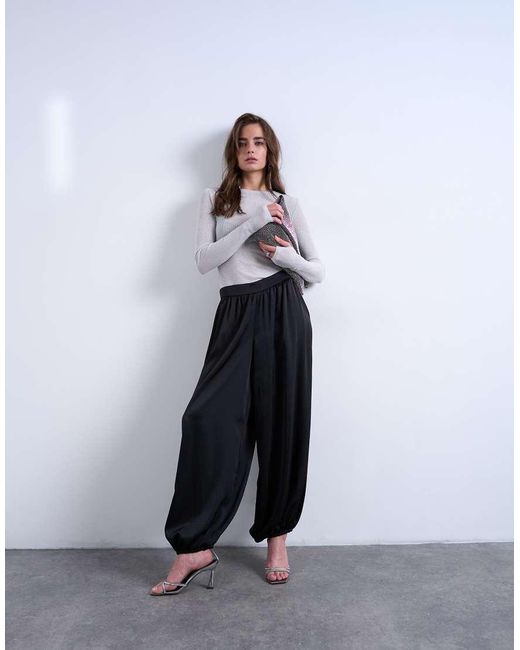 TOPSHOP Black Satin Deep Waistband Balloon Trouser
