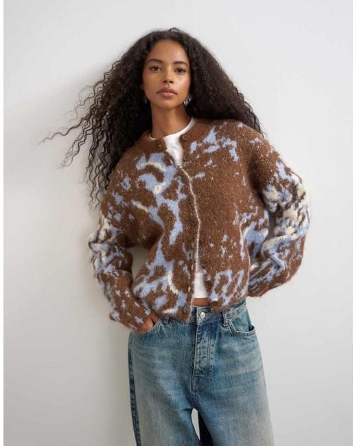 TOPSHOP Brown Knitted Boxy Floral Cardigan