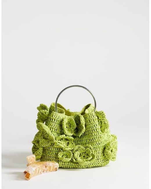 TOPSHOP Green Millie Small Straw Flower Grab Bag With Metal Handle