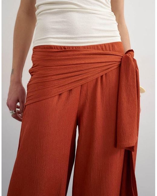 TOPSHOP Red Plisse Wrap Scarf Detail Trousers