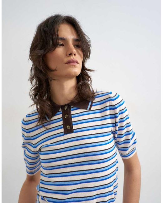 TOPSHOP Blue Knitted Short Sleeve Fitted Stripe Polo Top