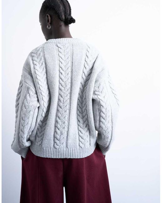 TOPSHOP White Knitted Oversized Cable And Wide Rib Jumper