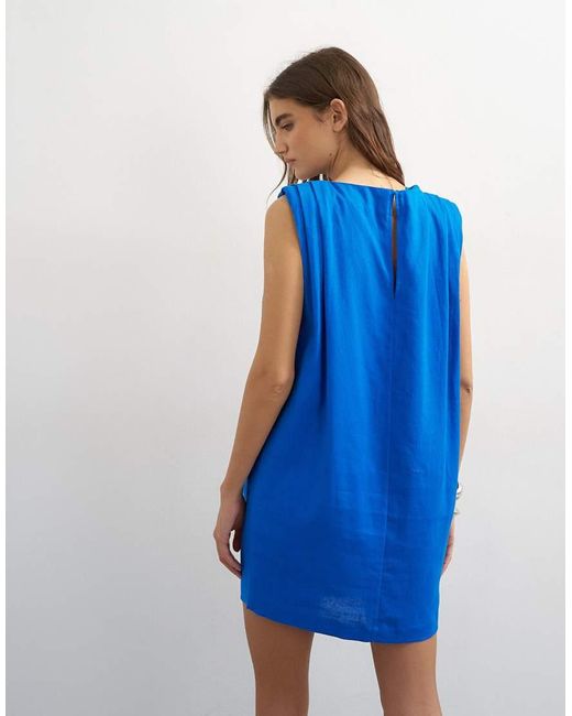 TOPSHOP Blue Linen Rich Exaggerated Shoulder Mini Dress