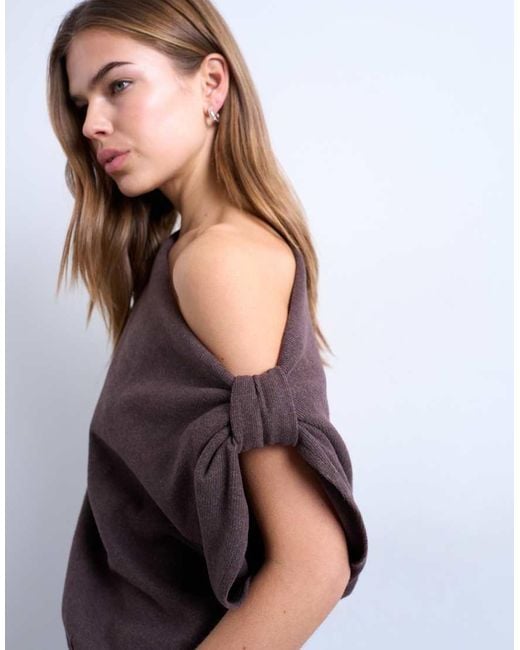TOPSHOP Brown Soft Touch Off Shoulder Knot Side Long Sleeve Top