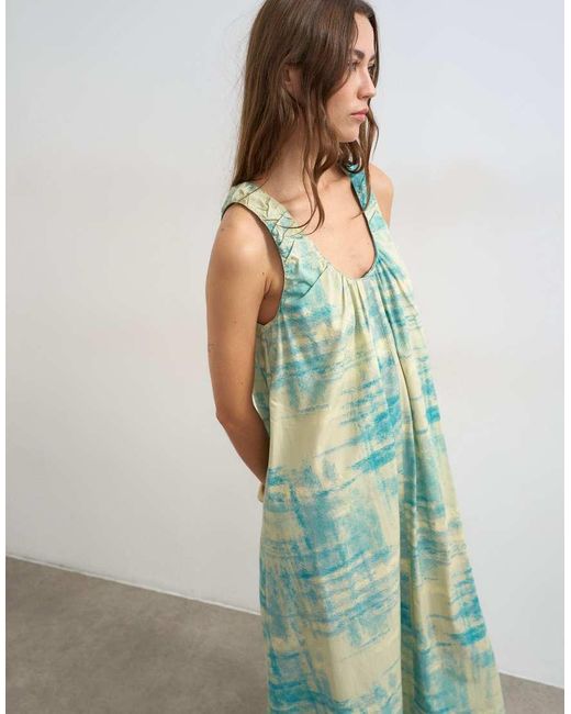 TOPSHOP Green Cotton Poplin Ruched Neck Maxi Sundress