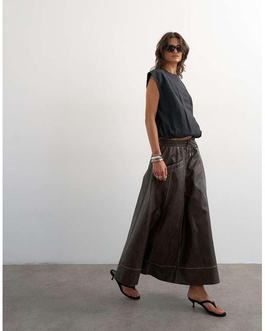 TOPSHOP Black High Shine Leather Look Midi Skirt With Side Pockets