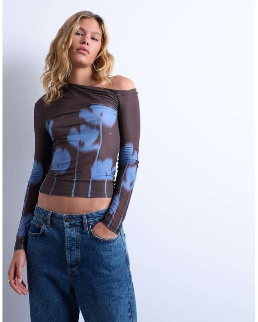 TOPSHOP Blue Microfibre Floral Print Ruched Long Sleeve Top