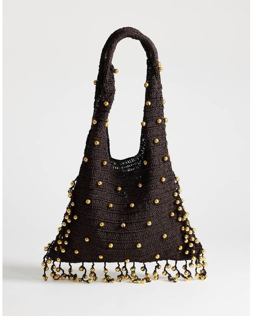 TOPSHOP Black Molly Medium Woven Beaded Bag