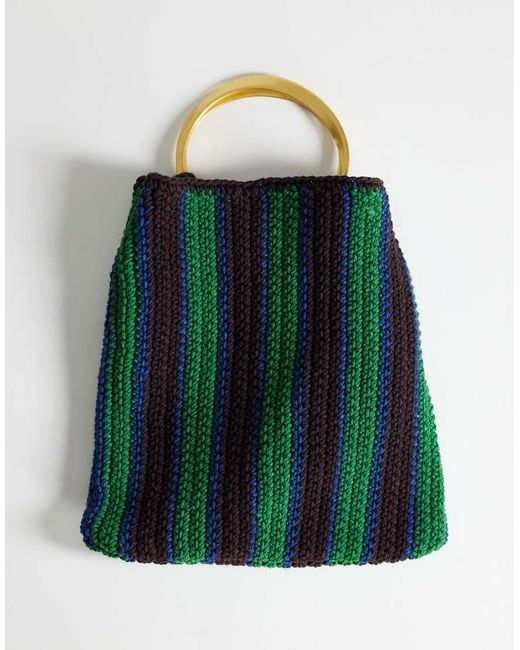 TOPSHOP Green Carlie Metal Handle Crochet Bag
