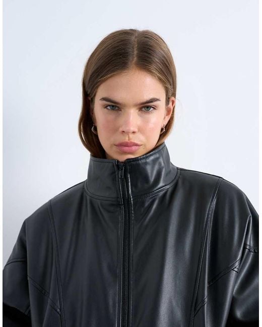 TOPSHOP Gray Faux Leather Funnel Padded Seam Detail Bomber Jacket
