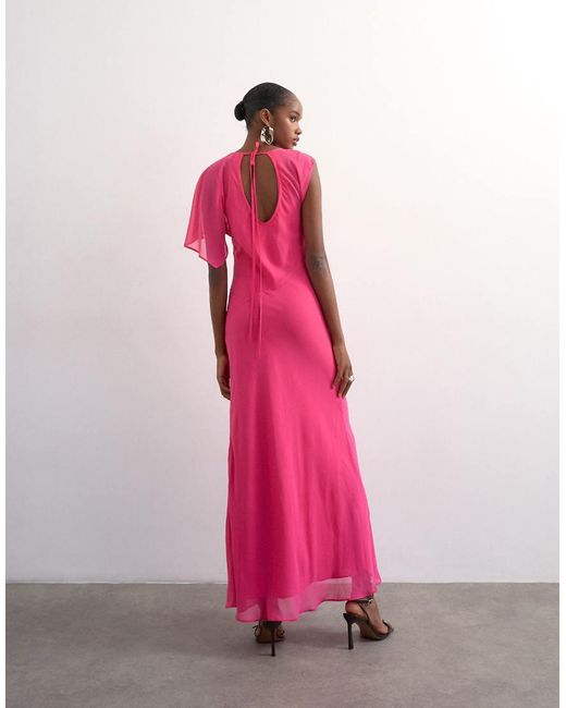 TOPSHOP Pink Asymmetric Flutter Sleeve Maxi Dress With Seaming