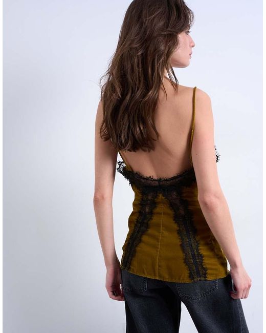 TOPSHOP Green Velvet Lace Cami With Contrast Lace