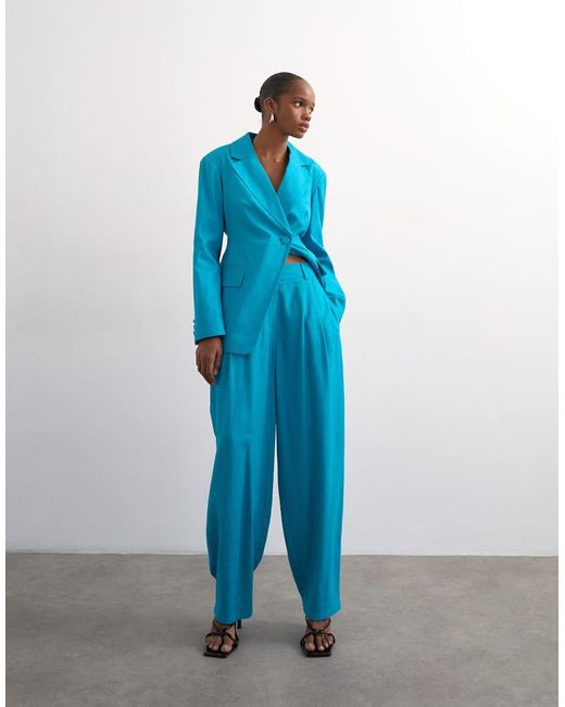 TOPSHOP Blue Linen Blend Occasion Barrel Pants
