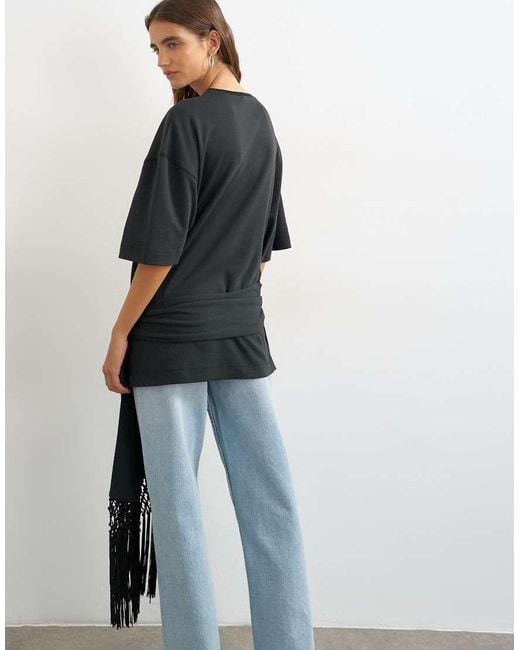TOPSHOP Black Premium Fringe Tie Detail Tee