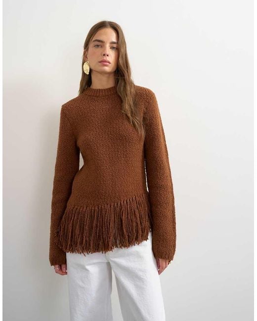 TOPSHOP Brown Knitted Asymmetric Fringe Jumper