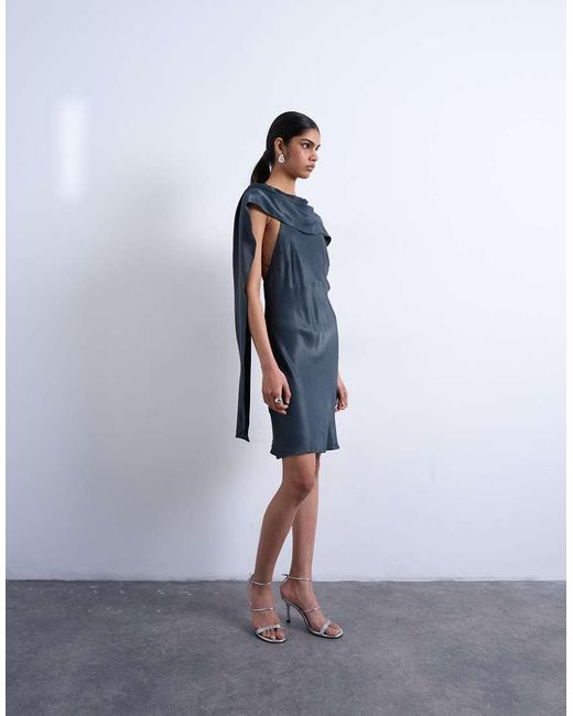 TOPSHOP Blue Satin Scarf Neck Mini Dress