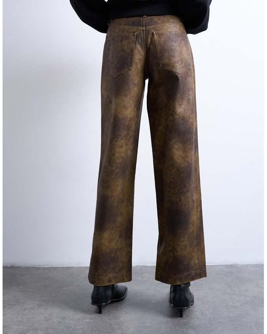 TOPSHOP Brown Faux Leather Washed Straight Leg Trouser