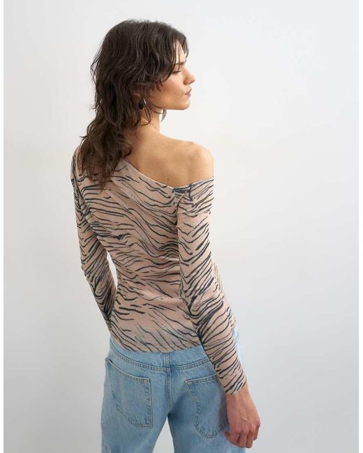 TOPSHOP Multicolor Mesh Fallen Shoulder Long Sleeve Top