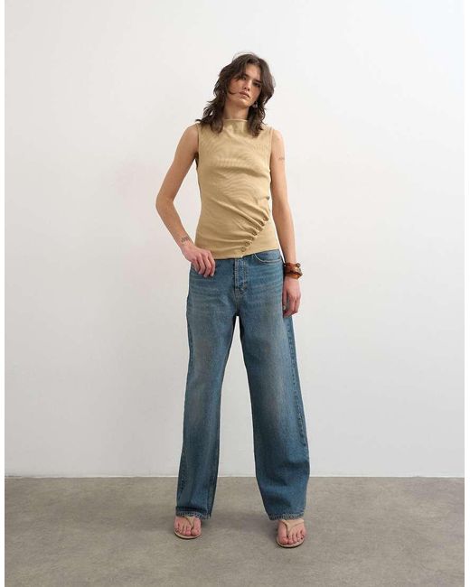 TOPSHOP Natural Button Detail Slash Neck Ribbed Top