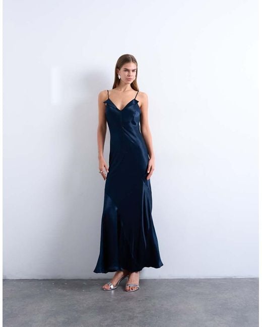 TOPSHOP Blue Folded Edge Satin Cami Slip Maxi Dress