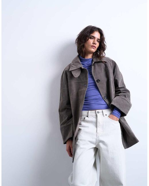 TOPSHOP Gray Faux-suede Short Car Coat With Neck Tab