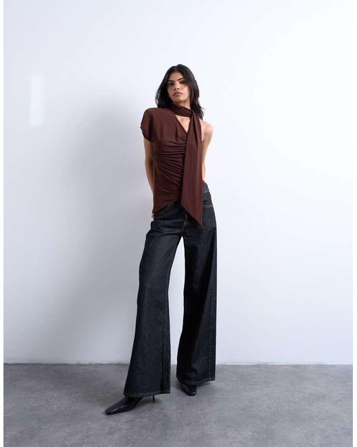 TOPSHOP Brown Ruched Scarf Detail Asymmetric Hem Top