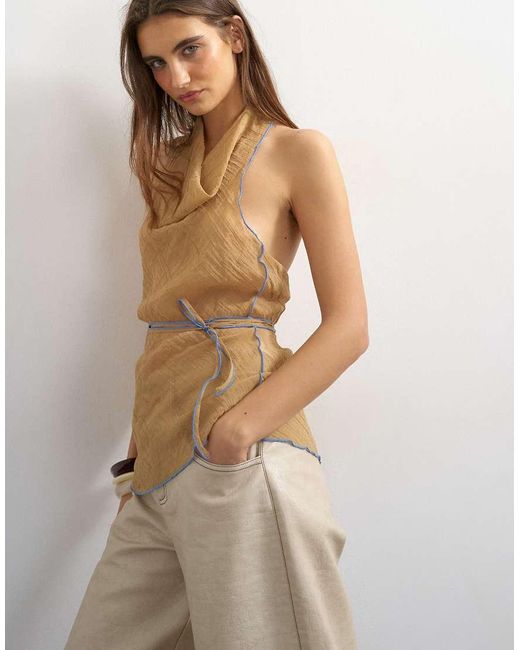 TOPSHOP Natural Crinkle Halter Top With Contrast Trim