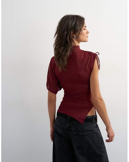 TOPSHOP Red Mesh Ruched One Sleeve Top