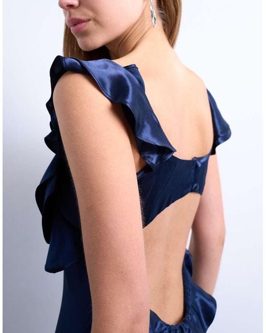 TOPSHOP Blue Ruffle Shoulder Satin Slip Dress