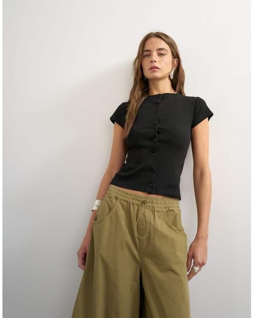 TOPSHOP Black Button Through Short Sleeve Top